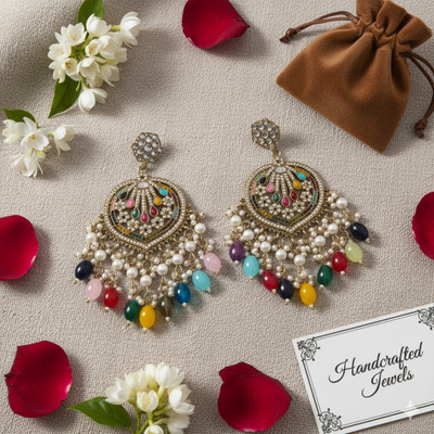Fabuza Multicolor Kundan,Pearl Chandbali Earrings for Women|Traditional Dangler Jhumka Pearl Alloy Chandbali Earring
