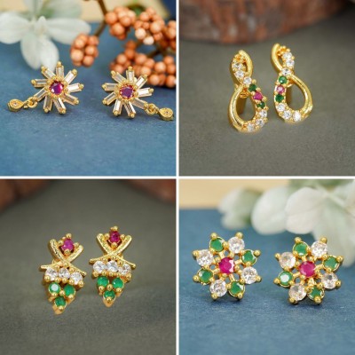 RAMDEV ART FASHION JEWELLERY Everyday Shine Diamond Combo of 4 with 22K Gold-Plated Studs Diamond Brass Earring Set