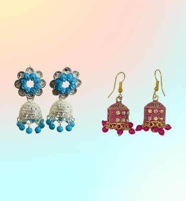 DIY Designer Blue and Pink Jhumka Earrings Set Ethnic Jewelry for Women 2 Set Alloy Jhumki Earring