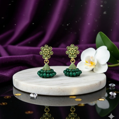 SHINEPRO Flower Top Green Jhumka Alloy Drops & Danglers