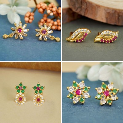 Dency Trendy Style Pack of 4 Versatile 22K Gold-Plated Studs Crystal, Diamond Brass Stud Earring