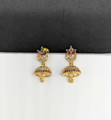 Rithvin Fashion Traditional Gold-plated with Pink and Green stones Jhumka-style earrings Cubic Zirconia Brass Jhumki Earring