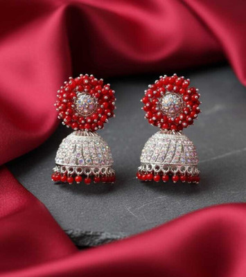pas Unique red silver Beaded Stone Jhumka Earrings for girls & women for party wear Cubic Zirconia, Crystal, Beads Alloy Rhinestone Studs, Plug Earring, Jhumki Earring, Earring Set, Drops & Danglers
