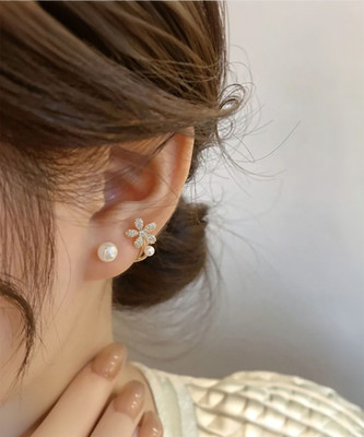 polluxcraft PolluxCraft Korean Earrings For Women & Girls /Pearl Zircon Earrings Zircon Alloy Drops & Danglers