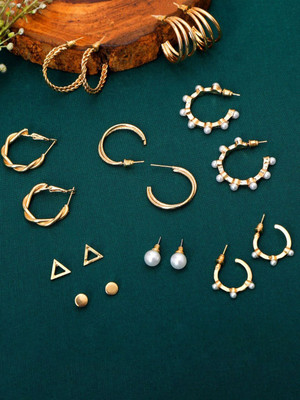 Dressberry Set of 9 Gold Plated Pearl Hoop Earrings for Girls & Women Brass Hoop Earring