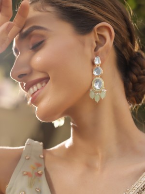 Priyaasi Kundan Drop shape Mint beads Gold Plated push back earrings Brass Drops & Danglers