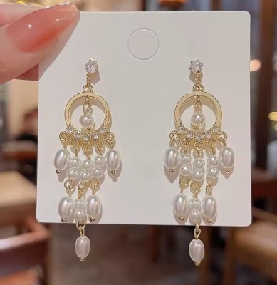 AKISON JEWELS AD Stone Pearl Jhumki Earrings For Women Trendy Western Fashion Korean Earring Pearl, Crystal, Diamond, Cubic Zirconia Alloy Earring Set, Drops & Danglers, Jhumki Earring, Tassel Earring