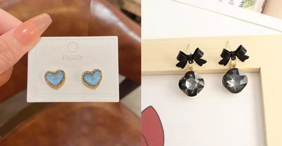 RTrinket Korean Earrings Combo Set | Blue Heart Studs & Black Ribbon Drop Earrings Crystal Brass Stud Earring