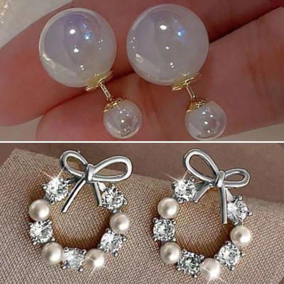 estailo fashion Perky Pearl & Crystal Bow Earrings Alloy Earring Set