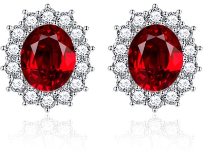 Designs & You Crushed Ice Cut Cubic Zirconia Silver Plated Red Oval Stud Earrings Cubic Zirconia Brass Stud Earring