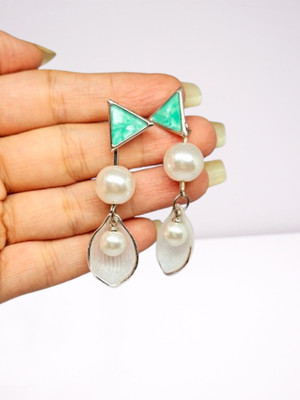 WHIMSY AND GEMS green and white fashion drop and dangler enclosed in a shell Pearl Alloy Tassel Earring, Plug Earring, Drops & Danglers