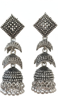 Sehrainn Traditional Oxidized Silver Triple Layered Jhumka Earrings for Women Alloy Stud Earring, Jhumki Earring