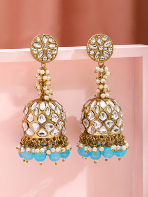 RUBANS 22K Gold-Plated White Kundan Dome Jhumka Earrings with Glossy Blue Beads Brass Jhumki Earring