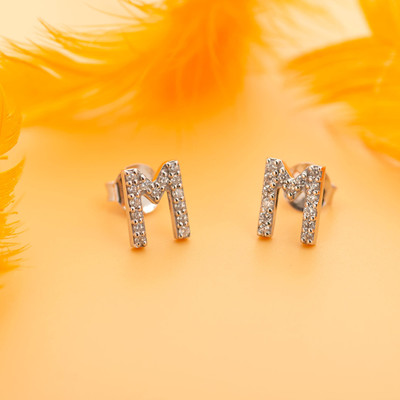 AMONROO Minimalist M Alphabet Studs, Tiny CZ Initial Earrings In 925 Sterling Silver Cubic Zirconia Sterling Silver Stud Earring