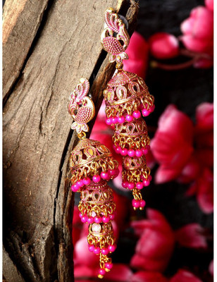 Anika's Creation DesignerParty Wear Gold Plated Enamelled 3 Floor Jhumka Earrings For Women And Girls Cubic Zirconia, Beads Alloy Jhumki Earring