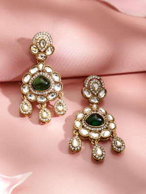 RUBANS 22K Gold-Plated Emerald Green & White Kundan Studded Chandelier Earrings Brass Chandbali Earring