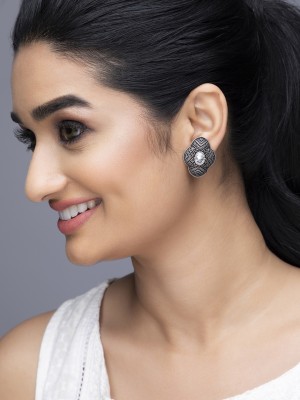 RUBANS Elegant Silver Plated Oxidised Stud Earrings With Studded AD Alloy Stud Earring