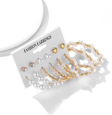 JDENTERPRISES Combo of 6 Pair Golden Heart Stone Stud And Pearl Hoop Earrings For Women/Girls Pearl Alloy Hoop Earring