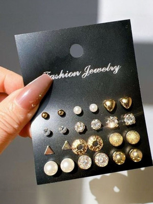 Dressberry Combo Of 12 Pair Gold Plated Heart Triangle Round Pearl Stud Earrings For Women Alloy Stud Earring