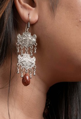 Look And Adorn Designer Oxidised Silver Two Layer Dangler With Semi Precious Sandstone Drop Metal Hoop Earring