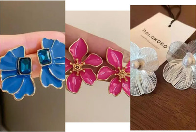 RISHASTYLE Korean shine earrings combo of Three Zircon Alloy Stud Earring