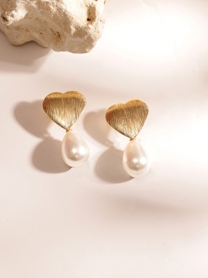 Priyaasi Heart Shaped Gold Plated Stud with Pearl Drop Style Earrings Brass Drops & Danglers