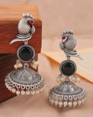 ESSPY Beautiful Unique Design Oxidised Silver Stone Earrings Diamond, Pearl Alloy Stud Earring