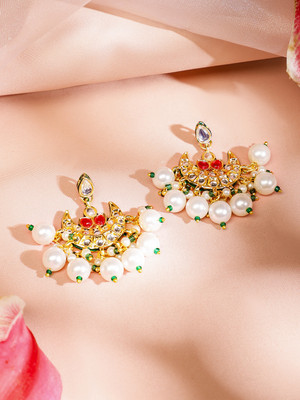 RUBANS Rubans 22K Gold-Plated Red Kundan & Green Enamelled White Pearl Beaded Chandbali Pearl Brass Chandbali Earring