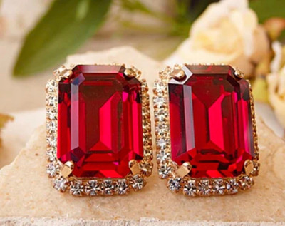 VIAANA CREATIONS Red Stone Ear Studs Alloy Plug Earring