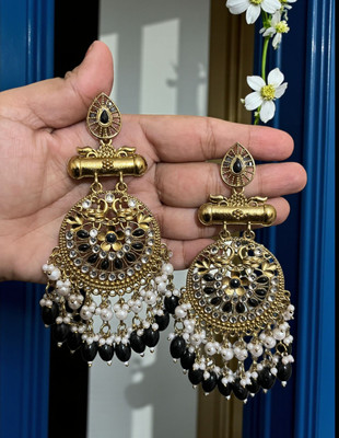 SAZOYA Antique Gold-Plated Kundan & black Beaded Chandbali Earrings with Pearl Drops Alloy Chandbali Earring