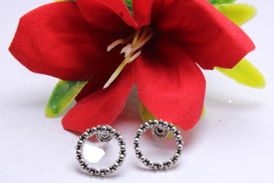 SHAAJ Sterling Silver Circle Stud Earrings, Beaded Design, Small Round Shape German Silver Earring Set