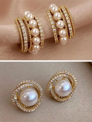 Tiso Combo of 2 Korean Earrings Pearl Earrings For Girls C-Shaped Earrings for Women Cubic Zirconia, Pearl Alloy, Brass Cuff Earring, Earring Set, Huggie Earring, Rhinestone Studs, Stud Earring