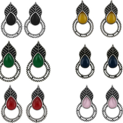 KIARAORNAMENTS Trendy Oxidized Silver-Plated Teardrop Earrings Combo Alloy Stud Earring