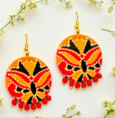 Smyra Official Handmade Orange-Red Fabric Dangler Stud Earrings with Beads Wood Drops & Danglers, Tassel Earring