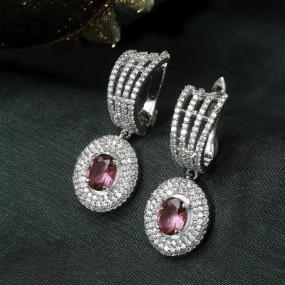 ZENEME Red American Diamond studded Handcrafted Oval Shaped Drop Earrings Cubic Zirconia Brass Drops & Danglers