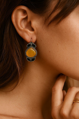 brassjewel Oxidised Yellow Stone Earrings | Antique Silver Black Leaf Earrings for Women Brass Drops & Danglers