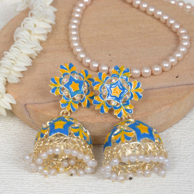 RatnaRaga Stunning Blue & Yellow Meenakari Big Jhumka Earrings with Diamond & Bead Details Beads, Diamond, Pearl Alloy Jhumki Earring, Drops & Danglers, Tunnel Earring, Tassel Earring