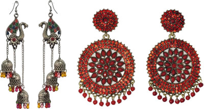 OKU Combo Earrings of oxidised hoop earing and red Stone Dangles for Rakhi Festival Alloy Jhumki Earring