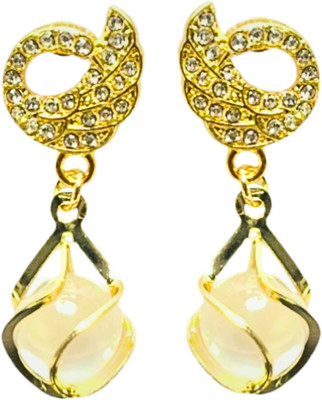 temishaa Elegant Golden Swan Dangle Earrings with White Monalisa Stone Accents Enamel Stud Earring