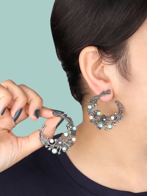 Rhosyn Designer Stylish Korean Black Plated Chandbali Hoop Earrings Cubic Zirconia Alloy, Brass, Stone Chandbali Earring, Hoop Earring