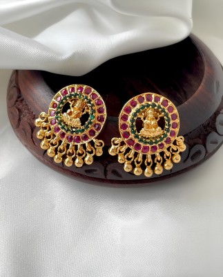 PBM CREATIONS GOLD PLATED LAKSHMI AD STONE WEDDING HOOPS / PEARL STUD / KOREAN EARRING Copper Drops & Danglers, Jhumki Earring