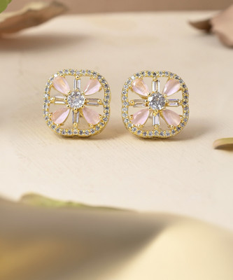 Voylla Sparkling Elegance Gold-Plated Pastel Pink Floral Stud Earrings Brass Drops & Danglers
