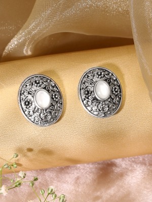 Rubans Elements Rubans Elements Oxidize Silver Toned Flower Detail White Stone Oval Stud Earring Alloy Stud Earring