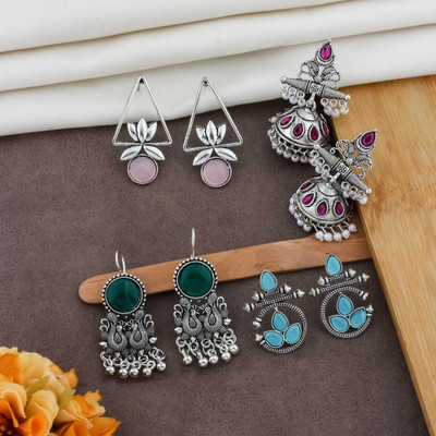 DANGAR ENTERPRISE Set of 4 Oxidised German Silver Ethnic Earrings – Jhumka & Tribal Designs Alloy Earring Set