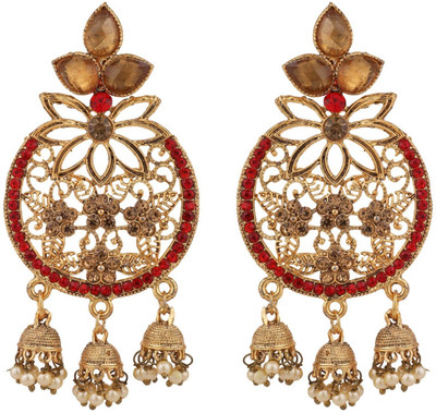 STYYLO FASHION Gold Plated LCT & RED Cubic Zirconia 3 Jhumki Chandbali Earring_SF Cubic Zirconia Brass Chandbali Earring