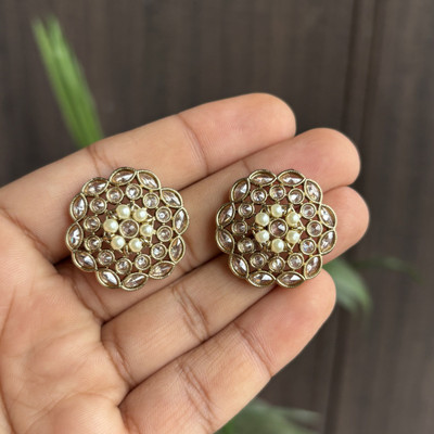TaranaJewelry Antique Gold Floral Kundan & Pearl Stud Earrings, Elegant Round Pearl Brass Stud Earring