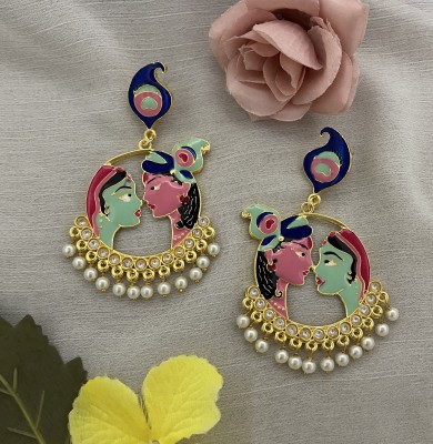 Fashion Theme Traditional Radha Krishna Earrings Pink Earring Kundan Stone Chandbali Jhumka Crystal, Pearl, Beads Brass Earring Set, Chandbali Earring