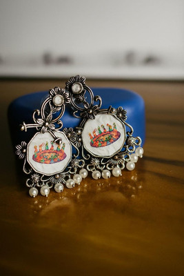 Aurikaaa Earthshine Handcrafted Oxidised Silver Floral Painted Design Earrings Alloy Drops & Danglers