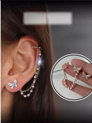 RAPPERSSHOP Butterfly Ear Cuff Crawler Pearl Chain Drop Stud Earrings Zircon, Beads, Pearl Alloy, Stone, Crystal Drops & Danglers, Earring Set, Stud Earring, Ear Thread, Cuff Earring