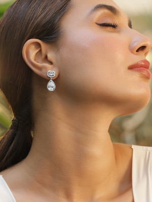RUBANS Rhodium Plated White Baguette Cubic Zirconia Studded Teardrop Earrings Zircon Brass Drops & Danglers
